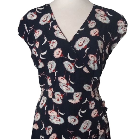 J. Crew Navy Blue Floral Faux Wrap Style Ruffle Trim Midi Dress Size 6 - Picture 2 of 8